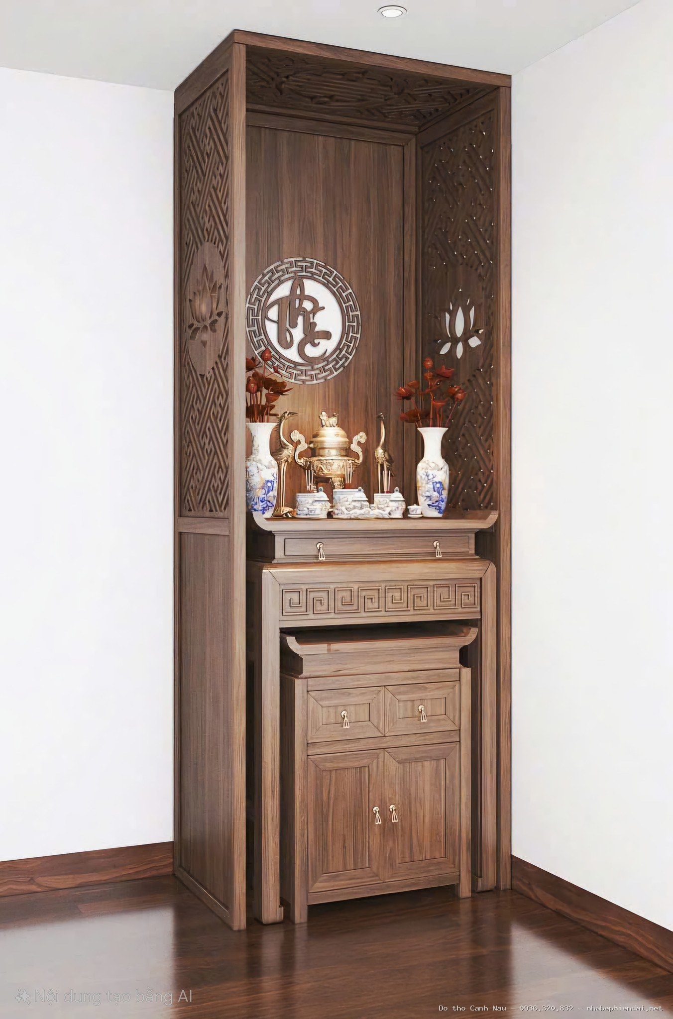 Phòng thờ gỗ sồi chạm Phúc Lộc - Kho bàn thờ hiện đại